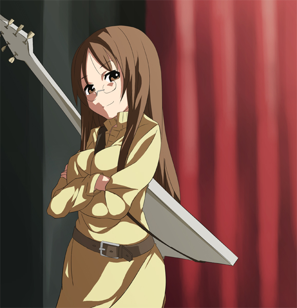 brown_hair crossed_arms date_(artist) flying_v glasses guitar instrument k-on! solo sweater_dress teacher yamanaka_sawako