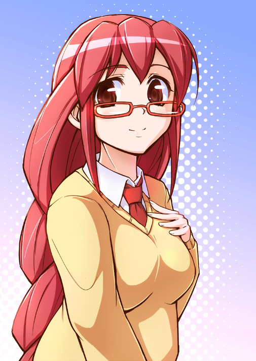 braid brown_eyes e20 glasses long_hair necktie pink_hair red_eyes redhead school_uniform single_braid smile solo sweater very_long_hair yasuzumi_yoriko