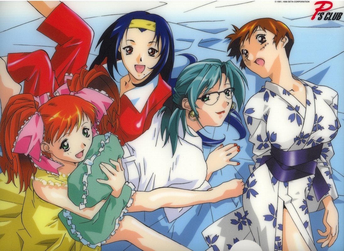 aqua_hair asahina_natsuki asahina_yurina blue_hair brown_eyes brown_hair earrings glasses green_eyes hairband japanese_clothes jewelry kimono lipstick long_hair lying mole multiple_girls nail_polish on_back on_stomach open_mouth pajamas pillow randou_serika red_eyes red_hair short_hair sitting smile super_real_mahjong tanaka_ryou toyohara_etsuko twintails