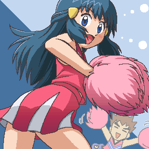 blue_hair cheerleader from_below hikari_(pokemon) lowres pokemon pokemon_(anime) pom_poms takeshi_(pokemon)