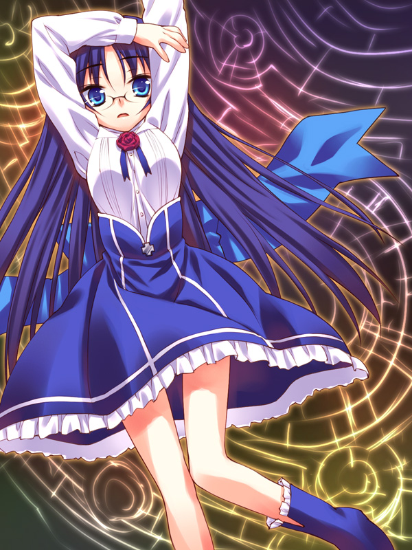 blue_eyes blue_hair dress glasses hoshizaki_hikaru long_hair magic_circle skirt solo violette_(basquash)