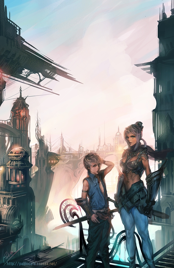 breasts cityscape cleavage gauntlets pablo short_hair silver_hair sword weapon