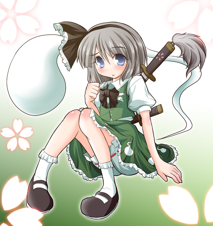 blue_eyes geogeo ghost hairband katana konpaku_youmu konpaku_youmu_(ghost) mary_janes myon sheath sheathed shoes short_hair silver_hair sitting solo sword touhou weapon