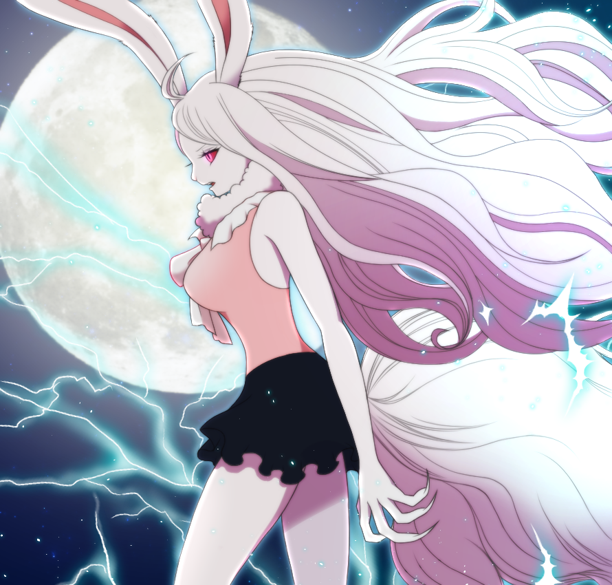 1girl animal_ears bunny_tail carrot_(one_piece) dress electricity fur_trim long_hair maiko_(mimi) moon night night_sky one_piece open_mouth pink_eyes rabbit_ears red_sclera sky solo tail teeth upper_body white_hair