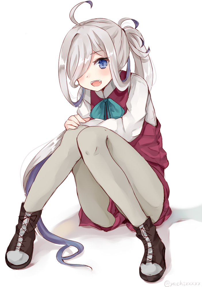 1girl ahoge alternate_eye_color asashimo_(kantai_collection) blue_eyes boots bow bowtie chiune_(yachi) cross-laced_footwear dress fang grey_legwear hair_over_one_eye kantai_collection knee_boots knees_together_feet_apart lace-up_boots long_hair long_sleeves looking_at_viewer multicolored_hair open_mouth pantyhose ponytail purple_hair school_uniform silver_hair sitting skirt sleeveless sleeveless_dress smile solo teeth twitter_username white_blouse