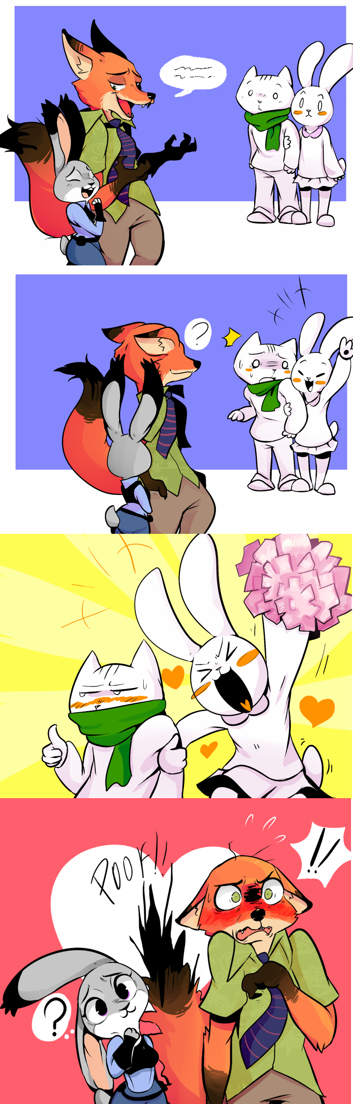 2boys 2girls 4koma :3 blush cat claws comic couple crossover doki fox from_behind furry green_eyes heart highres judy_hopps laughing multiple_boys multiple_girls nabi necktie nick_wilde no_humans pkbunny question_mark rabbit scarf sharp_teeth silent_comic simple_background smile speech_bubble sunburst talking teeth there_she_is!! thought_bubble violet_eyes zootopia