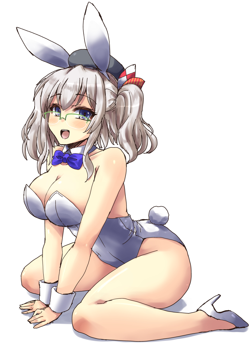 1girl alternate_costume animal_ears arm_support ass bare_shoulders beret bespectacled blue_eyes breasts bunny_tail bunnysuit cleavage detached_collar fake_animal_ears glasses green-framed_glasses hat highres kantai_collection kashima_(kantai_collection) large_breasts leotard long_hair open_mouth rabbit_ears semi-rimless_glasses shinshin silver_hair simple_background smile solo tail