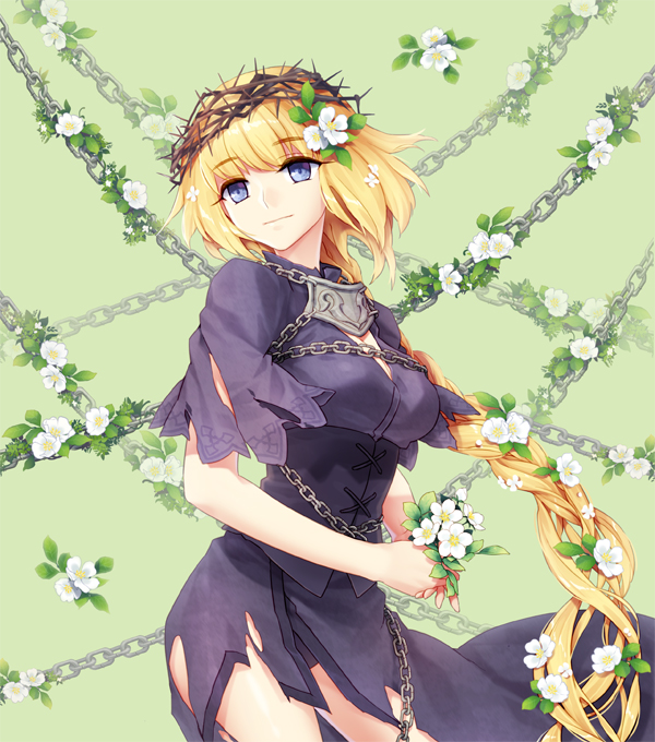 1girl blonde_hair blue_eyes braid breasts capelet chain cleavage crown_of_thorns dress fate/apocrypha fate_(series) flower hair_flower hair_ornament head_wreath long_hair purple_dress ruler_(fate/apocrypha) single_braid smile solo torn_clothes yeruen