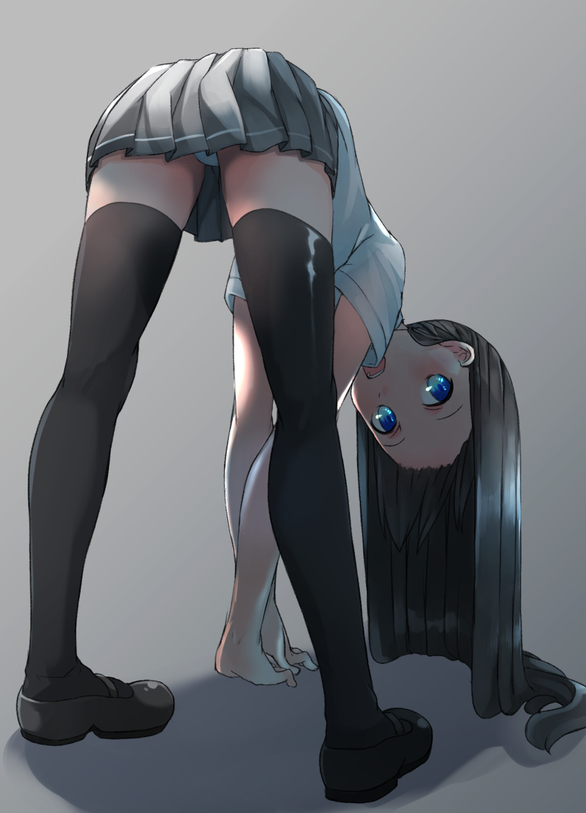 1girl asashio_(kantai_collection) bent_over black_hair blue_eyes comah kantai_collection long_hair mary_janes open_mouth panties pantyshot school_uniform shoes skirt solo thigh-highs underwear upskirt white_panties