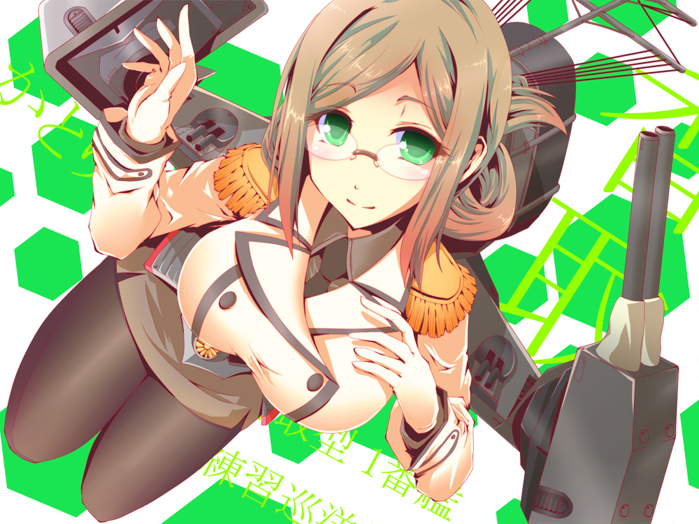 1girl black_necktie breasts brown_hair cannon closed_mouth collared_shirt double-breasted epaulettes eyebrows eyebrows_visible_through_hair folded_ponytail from_above glasses gloves green_eyes grey_shirt hexagon jacket kantai_collection katori_(kantai_collection) large_breasts long_hair long_sleeves looking_at_viewer machinery military military_uniform necktie pantyhose rimless_glasses shirt skirt smile solo turret twinameless uniform white_gloves