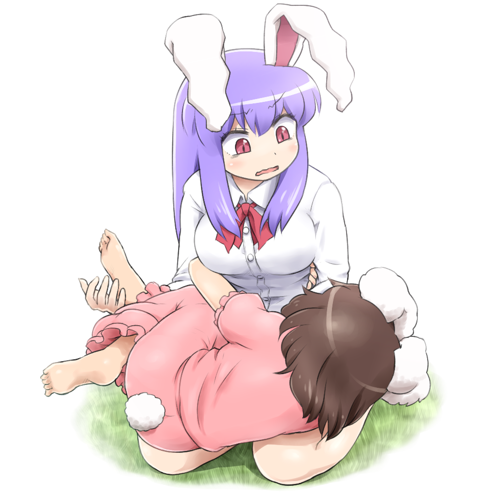 2girls animal_ears bags_under_eyes barefoot breasts brown_hair bunny_tail commentary_request dress hug inaba_tewi lap_pillow large_breasts long_hair long_sleeves lying lying_on_lap multiple_girls on_side open_mouth pink_dress purple_hair rabbit_ears red_eyes reisen_udongein_inaba shirosato shirt sitting sleeping sleeping_on_person tail touhou wariza wavy_mouth