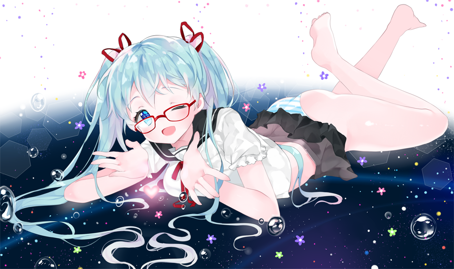 1girl ;d alternate_costume ass bangs barefoot black_skirt blue_eyes blue_hair blush breasts flower frilled_sleeves frills full_body glasses glowing gradient hair_ribbon hatsune_miku hexagon legs_up li.b_(liebenib) long_hair looking_at_viewer lying midriff miniskirt neck_ribbon on_stomach one_eye_closed open_\m/ open_mouth palms panties pleated_skirt puffy_short_sleeves puffy_sleeves red-framed_glasses red_ribbon ribbon school_uniform serafuku short_sleeves skirt skirt_lift smile solo space striped striped_panties twintails underwear very_long_hair vocaloid water
