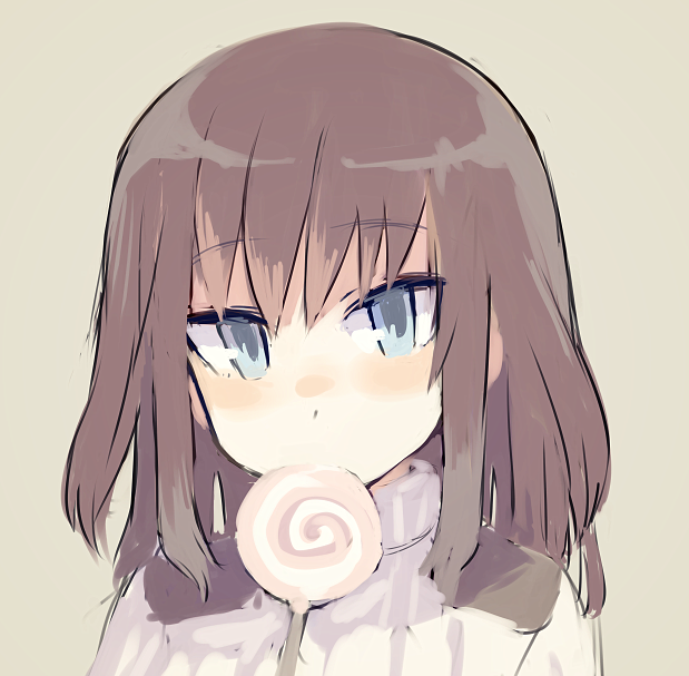 1girl blue_eyes brown_hair candy elizabeth_f_beurling hashigo lollipop long_hair looking_at_viewer ribbed_sweater solo strike_witches sweater swirl_lollipop turtleneck upper_body younger