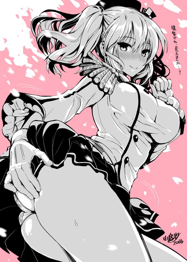 1girl 2016 ass bent_over beret black_skirt blush breasts epaulettes frilled_sleeves frills gloves grey_eyes hat kantai_collection kashima_(kantai_collection) kerchief kojima_saya large_breasts long_sleeves looking_at_viewer military military_uniform miniskirt monochrome nose_blush panties pink_background pleated_skirt sidelocks signature silver_hair skirt smile solo sweat translation_request twintails two_side_up underwear uniform wavy_hair white_gloves white_panties