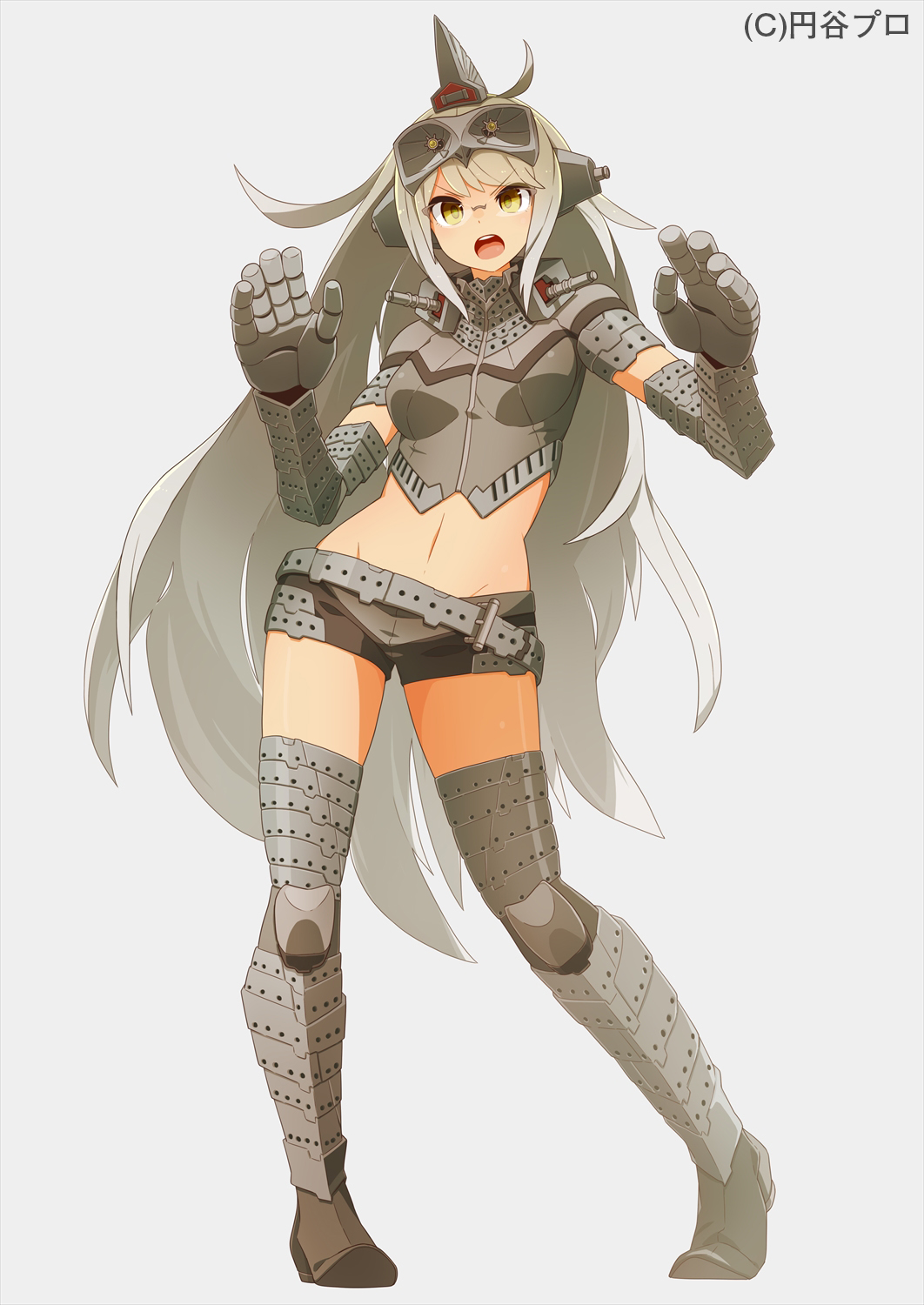&gt;:o 1girl :o ahoge armor armored_boots bangs belt boots breasts eyebrows eyebrows_visible_through_hair female full_body gauntlets glasses grey_background headgear highres legs_apart long_hair looking_at_viewer midriff navel open_mouth over-rim_glasses personification semi-rimless_glasses short_sleeves shorts silver_hair simple_background solo standing stomach thigh-highs thigh_boots tomioka_jirou ultra_kaijuu_gijinka_keikaku ultra_series very_long_hair windom yellow_eyes