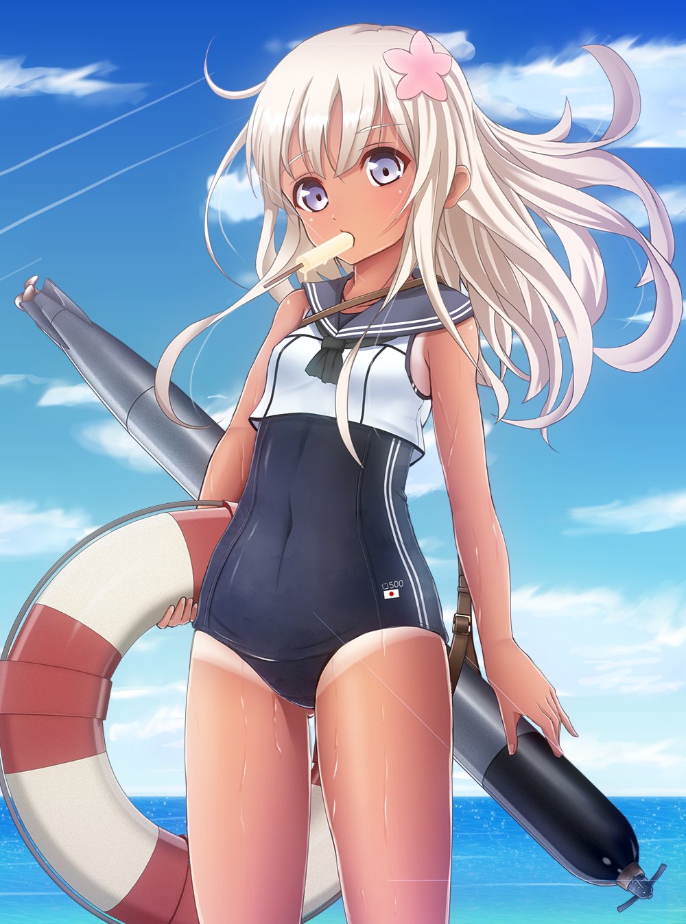 1girl ahoge ass_visible_through_thighs bare_shoulders behind_back blonde_hair blue_eyes blue_sky blue_swimsuit blush buckle collarbone condensation_trail covered_navel cowboy_shot crop_top dark_skin day eyebrows eyebrows_visible_through_hair floating_hair flower food hair_flower hair_ornament highres holding horizon ice_cream japanese_flag kantai_collection lifebuoy looking_at_viewer melting mouth_hold neckerchief ocean one-piece_swimsuit outdoors over_shoulder pink_flower ponpu-chou popsicle ro-500_(kantai_collection) sailor_collar school_swimsuit shirt sky sleeveless sleeveless_shirt solo standing swimsuit tan tanline tareme torpedo water water_drop wet white_shirt wind
