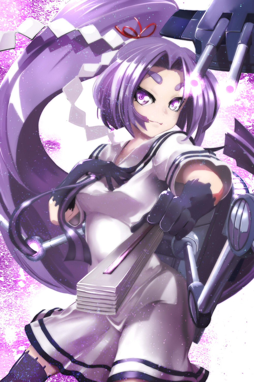 1girl black_gloves dress eyebrows fan folding_fan fuyunotete gloves glowing hair_ornament hair_ribbon hand_on_own_chest hatsuharu_(kantai_collection) highres hikimayu kantai_collection long_hair looking_at_viewer machinery ponytail purple_hair ribbon sailor_dress shide short_eyebrows smile solo thigh-highs turret very_long_hair violet_eyes