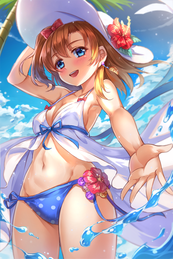 1girl :d alternate_costume arm_at_side armpits bangs bikini blue_bikini blue_eyes blue_ribbon blue_sky blurry blush bow breasts brown_hair cleavage clouds collarbone cowboy_shot depth_of_field earrings eyebrows eyebrows_visible_through_hair flower food_themed_earrings hair_bow hand_on_headwear hand_up hat hat_flower hibiscus jewelry kousaka_honoka love_live!_school_idol_project miazi navel one_side_up open_mouth outdoors palm_tree palms polka_dot polka_dot_bikini reaching red_bow red_flower ribbon shade side-tie_bikini sideboob sky smile solo stomach summer sun_hat swimsuit tree water white_hat