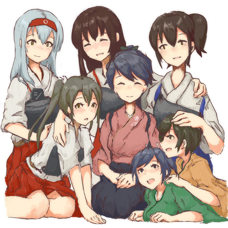 6+girls akagi_(kantai_collection) arm_on_shoulder blue_eyes blue_hair blush brown_eyes brown_hair closed_eyes green_eyes green_hair hair_ribbon hairband hakama hand_on_another's_head hiryuu_(kantai_collection) houshou_(kantai_collection) japanese_clothes kaga_(kantai_collection) kantai_collection kimono long_hair lying lying_on_person miko mother's_day multiple_girls muneate nemubusoku on_stomach open_mouth ribbon short_hair shoukaku_(kantai_collection) side_ponytail silver_hair sitting smile souryuu_(kantai_collection) twintails white_background zuikaku_(kantai_collection)