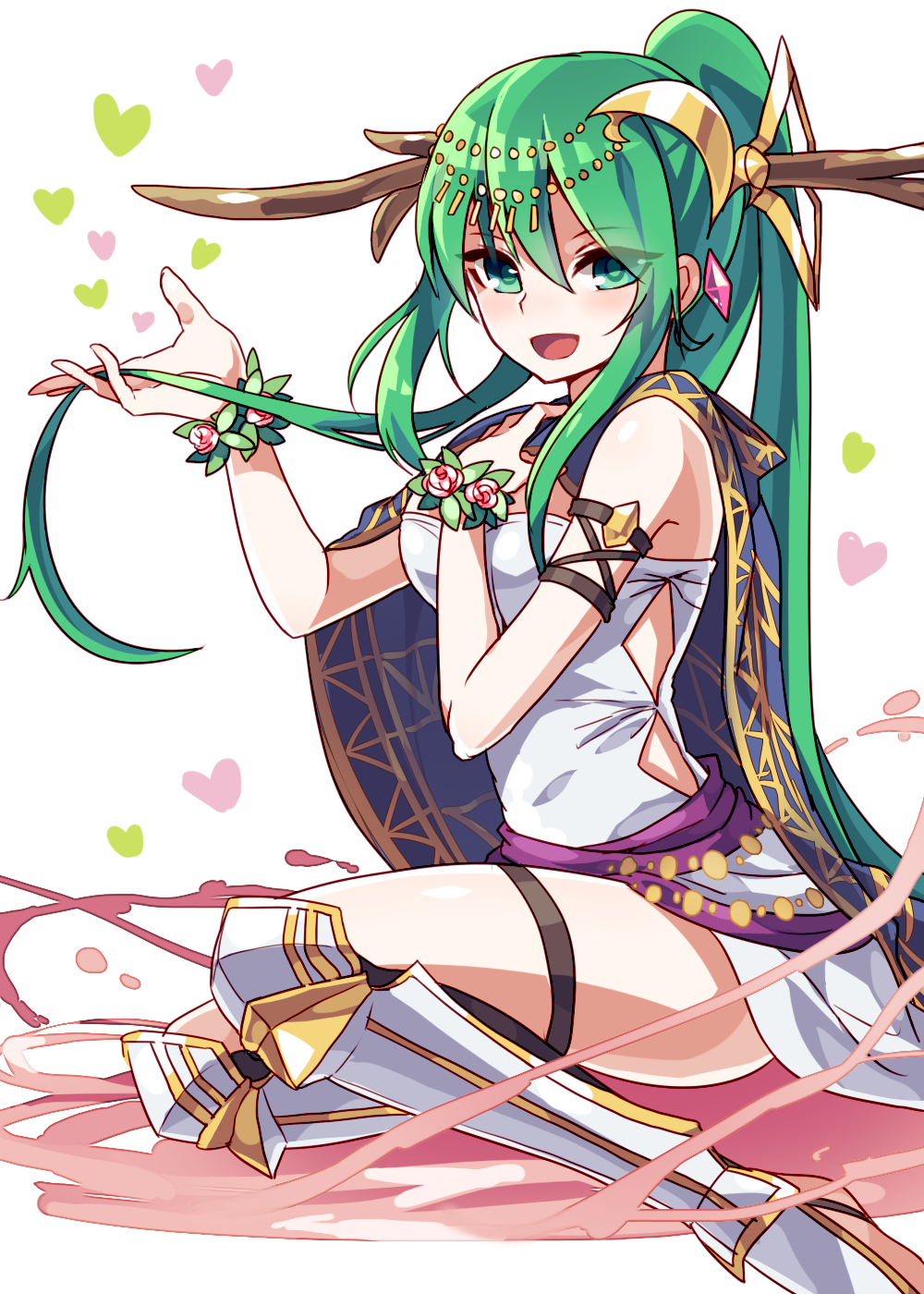1girl :d artemis_(p&amp;d) bare_shoulders blush breasts cape commentary_request dress greaves green_eyes green_hair hair_ornament highres jewelry kozakura_(dictionary) long_hair looking_at_viewer open_mouth ponytail puzzle_&amp;_dragons sidelocks sitting smile solo thigh_strap white_dress wrist_flower yokozuwari
