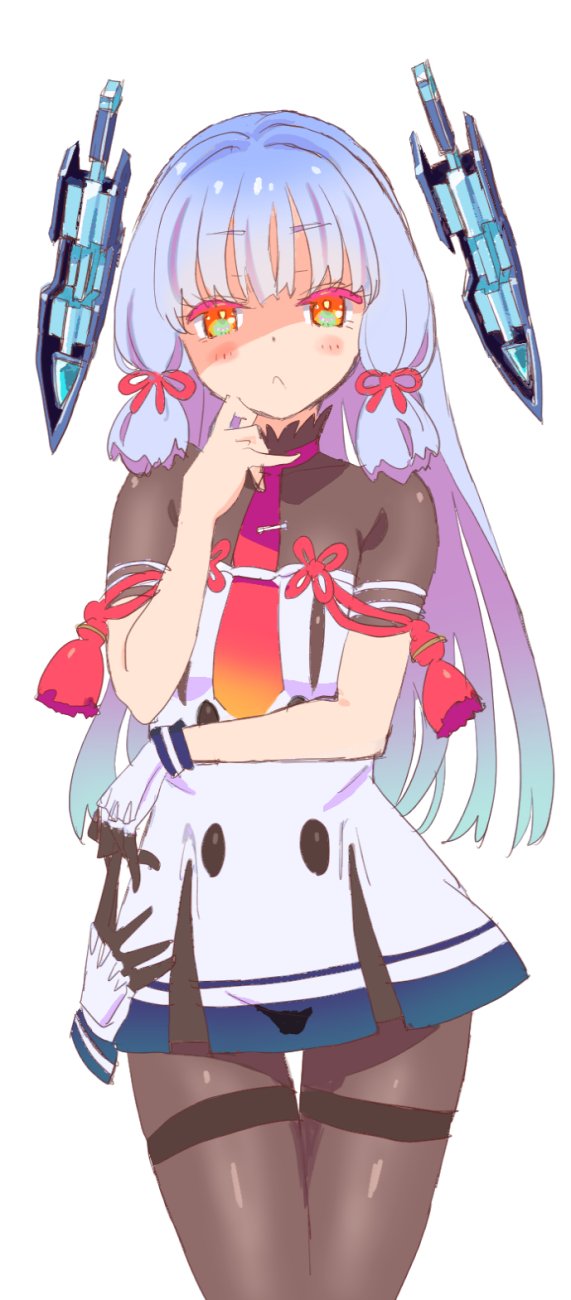 1girl 26_(sister_freedom) :c arm_across_waist bangs blue_hair blunt_bangs blush bow commentary_request dress eyebrows eyebrows_visible_through_hair glove_removed gloves gradient_hair hair_bow hair_ribbon hand_on_own_face headgear highres kantai_collection long_hair multicolored_hair murakumo_(kantai_collection) necktie pantyhose red_eyes red_necktie ribbon sailor_dress short_sleeves sidelocks solo thighband_pantyhose tress_ribbon white_background