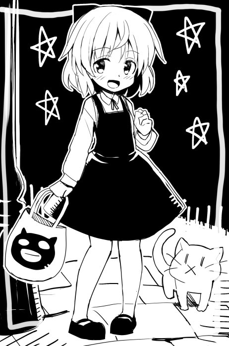 1girl :d bag blush bow cat dress glastonbury1966 greyscale hair_bow handbag mary_janes monochrome open_mouth ribbon sanya_v_litvyak shoes short_hair smile solo standing star strike_witches younger