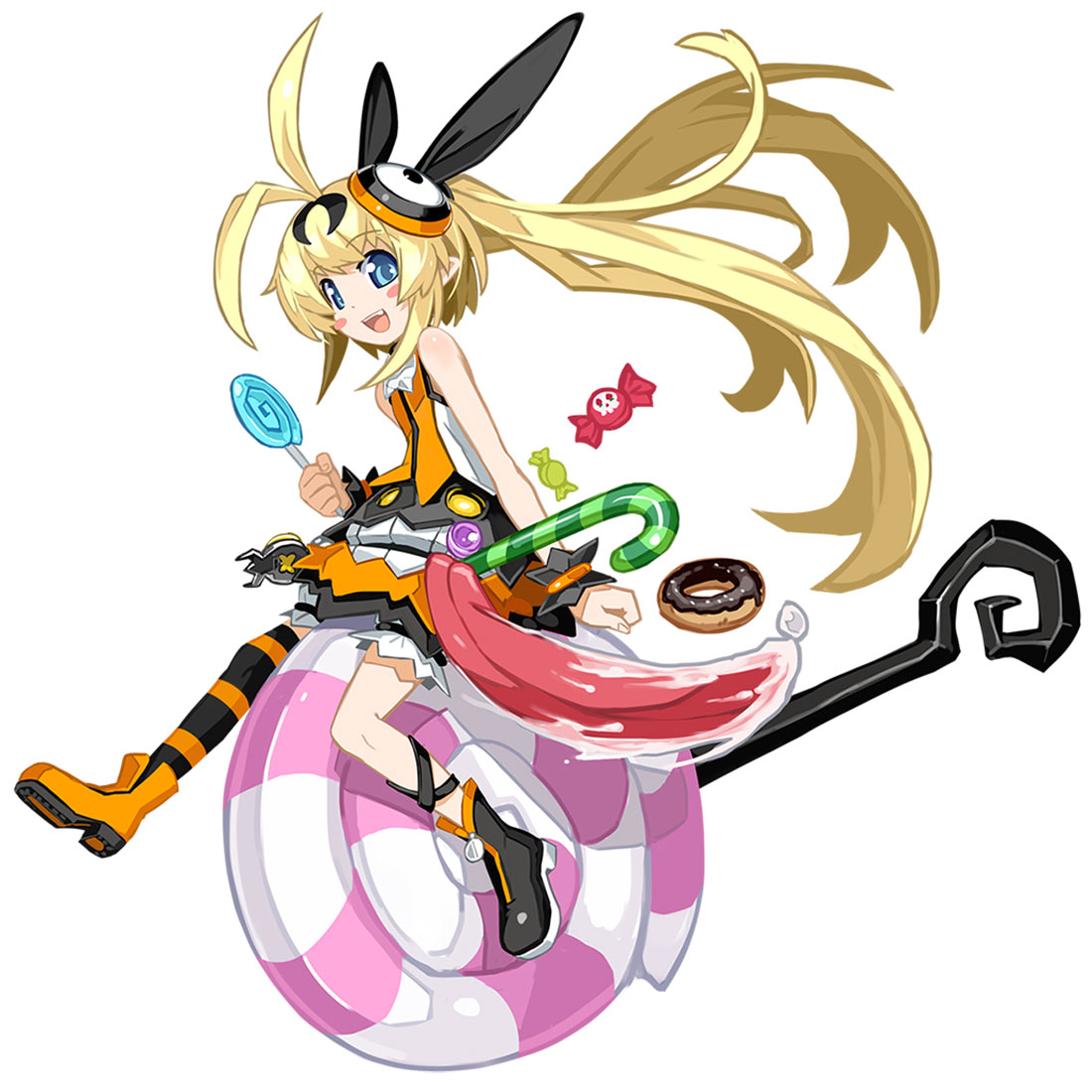 1girl ahoge blonde_hair blue_eyes blush candy candy_cane doughnut food full_body lollipop long_hair makai_shin_trillion mismatched_footwear mismatched_legwear nanameda_kei official_art oversized_object perpell ponytail shoes sitting smile solo swirl_lollipop tongue white_background wrist_cuffs