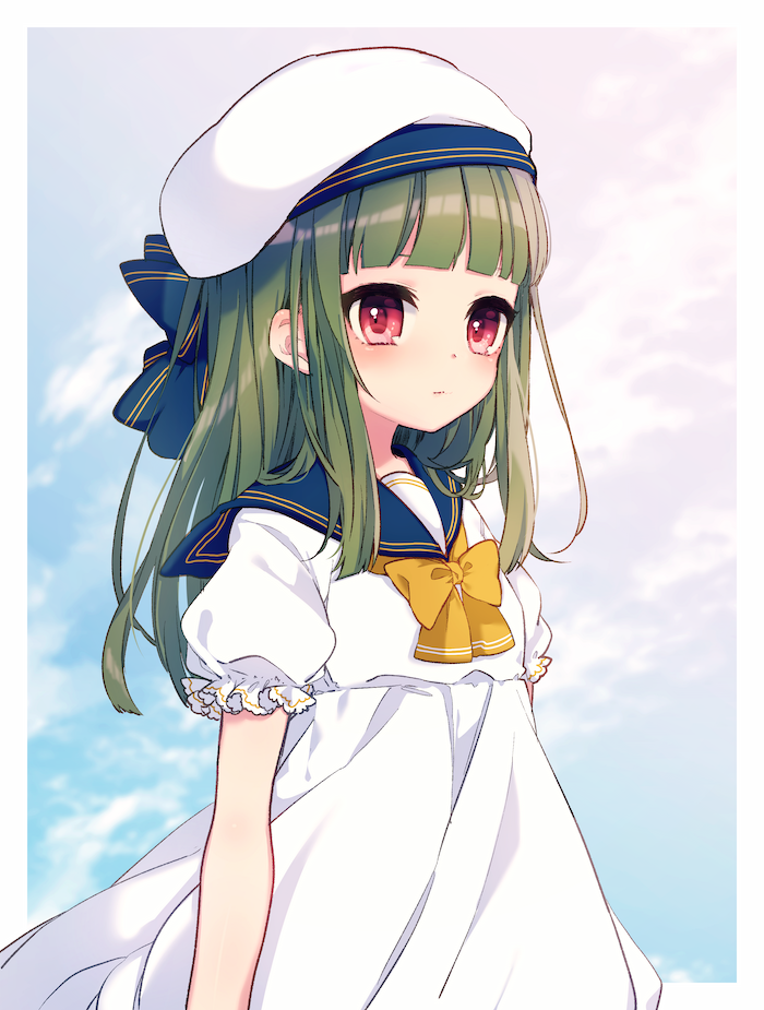 1girl bangs beret blue_bow blunt_bangs blush bow bowtie closed_mouth cowboy_shot dress frilled_sleeves frills green_hair hair_bow hat looking_at_viewer original puffy_short_sleeves puffy_sleeves red_eyes rinndouk sailor_collar sailor_dress short_sleeves sidelocks solo tareme white_border white_dress white_hat yellow_bow yellow_bowtie