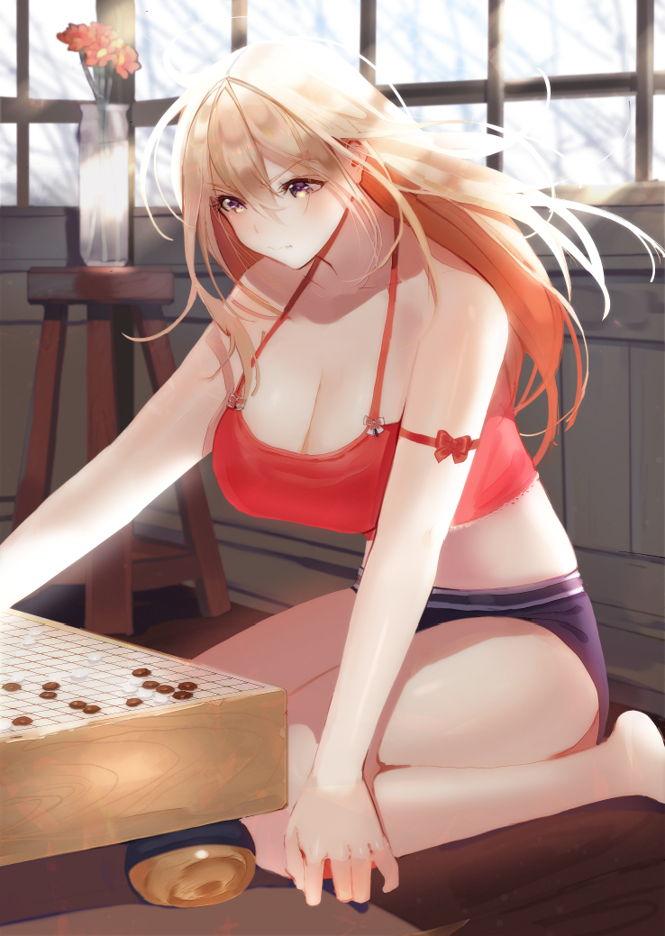 1girl blonde_hair board_game bottle bow breasts camisole cleavage closed_mouth crop_top eyelashes floating_hair flower furrowed_eyebrows glass go hair_between_eyes indoors large_breasts long_hair looking_down midriff mingou91 on_floor original playing pout red_bow shorts sitting solo vase yellow_eyes