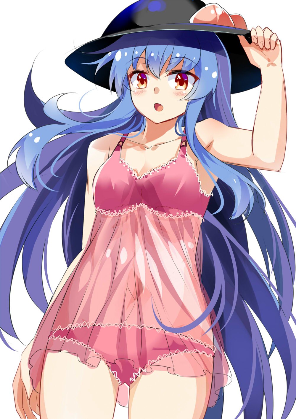 1girl :o adjusting_clothes adjusting_hat arm_at_side arm_up armpits bare_shoulders black_hat blue_hair blush bowler_hat breasts buckle chemise cleavage covered_navel cowboy_shot e.o. eyebrows food fruit hat highres hinanawi_tenshi legs_apart lingerie long_hair navel open_mouth panties peach pink_panties red_eyes see-through simple_background solo standing tareme touhou underwear very_long_hair white_background