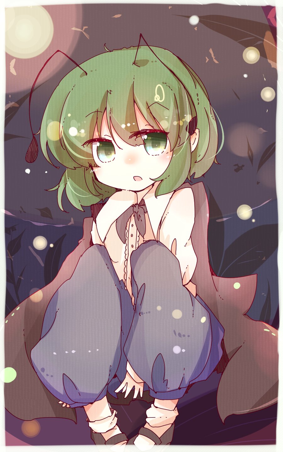 1girl antennae blue_pants cape ears green_eyes green_hair highres leaf long_sleeves open_mouth pants shirt shoes short_hair socks solo touhou tsumurikoto white_shirt wriggle_nightbug