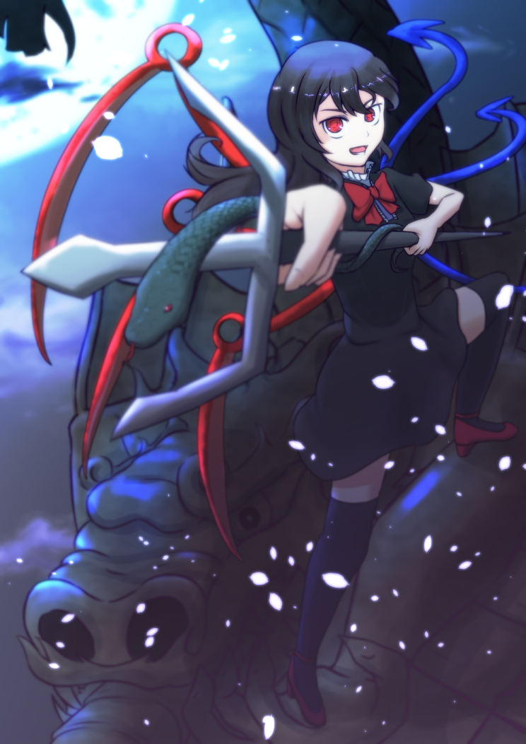 &gt;:d 1girl :d asymmetrical_hair asymmetrical_wings black_dress black_hair bow dragon dress foreshortening high_heels houjuu_nue long_hair open_mouth polearm red_eyes red_shoes shoes smile snake solo tat_rous teeth thigh-highs touhou trident weapon wings zettai_ryouiki