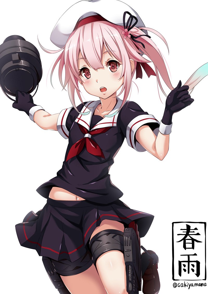 1girl ammunition beret black_gloves black_ribbon black_serafuku black_skirt blush brown_shoes bucket collarbone eyebrows flower gloves hair_flower hair_ornament hair_ribbon harusame_(kantai_collection) hat holding holding_bucket holster kantai_collection leg_up loafers looking_at_viewer navel neckerchief one_leg_raised pink_eyes pink_hair pleated_skirt ribbon round_teeth sailor_collar sakiyamama school_uniform serafuku shoes short_sleeves side_ponytail skirt sleeve_cuffs solo standing_on_one_leg tareme teeth thigh_holster thigh_strap torpedo white_hat