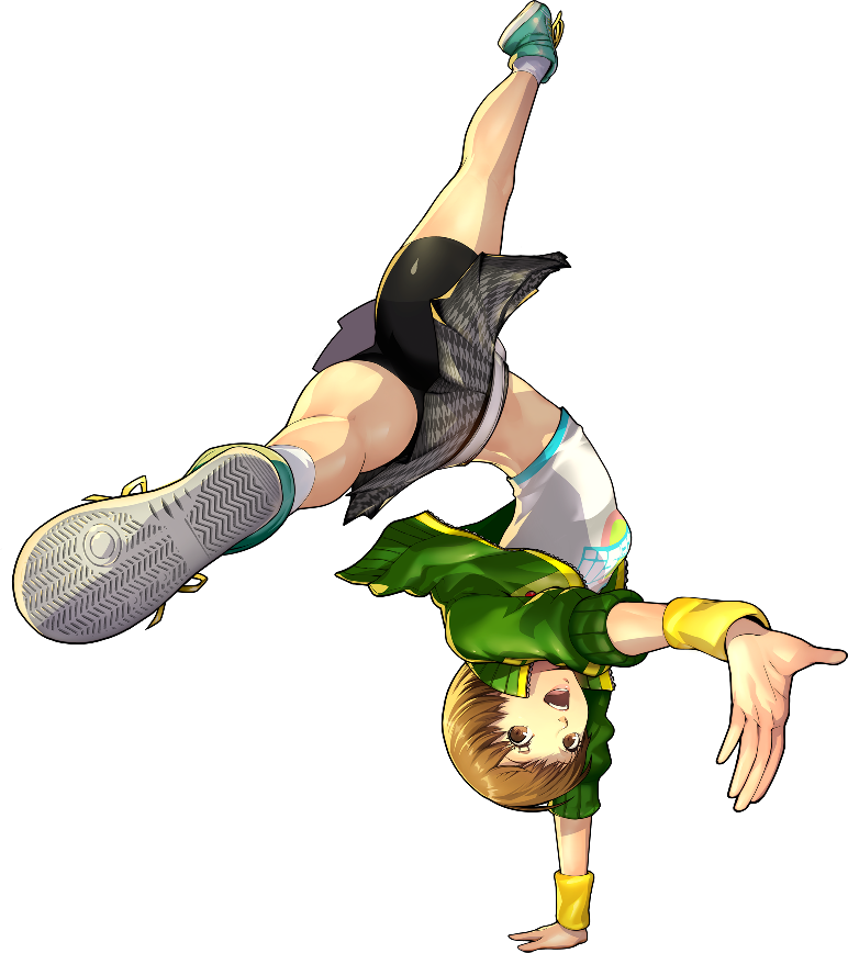 1girl bike_shorts brown_eyes brown_hair crop_top foreshortening green_jacket handstand houndstooth jacket midriff official_art open_clothes open_jacket open_mouth persona persona_4 persona_4:_dancing_all_night pleated_skirt satonaka_chie shoes short_hair skirt small_breasts sneakers socks soejima_shigenori solo track_jacket transparent_background upside-down wristband