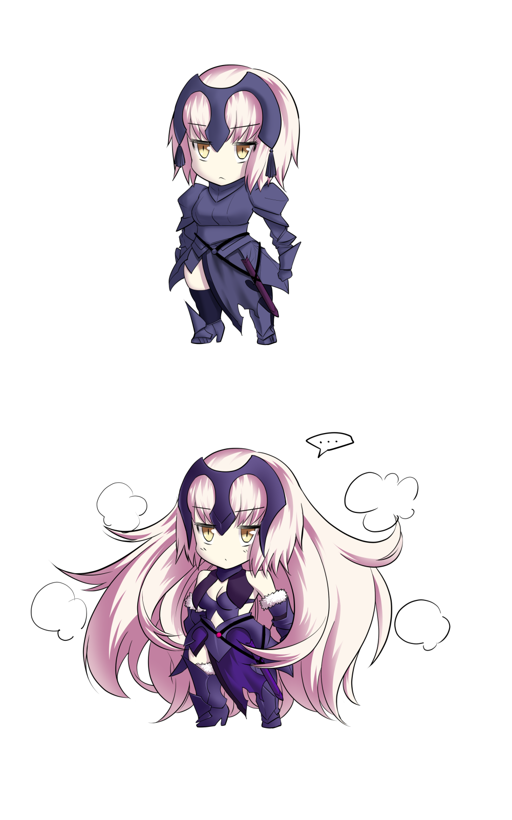 1girl armor blonde_hair breasts chibi f.w.zholic fate/grand_order fate_(series) gauntlets headpiece highres jeanne_alter long_hair ruler_(fate/apocrypha) ruler_(fate/grand_order) short_hair solo thigh-highs yellow_eyes