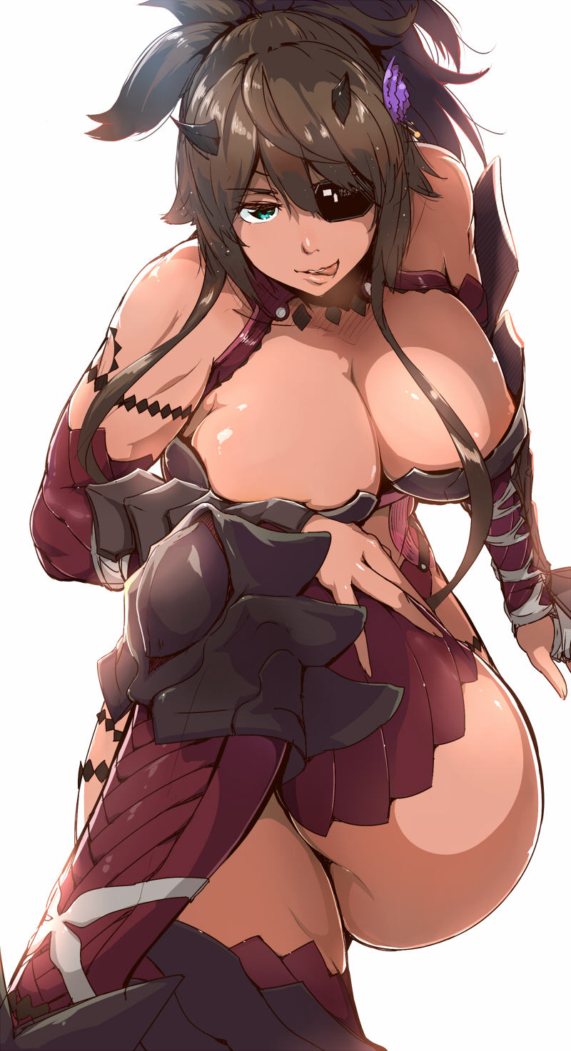 1girl arm_at_side armor bikini_armor blue_eyes boots breasts brown_hair character_request cleavage crossed_legs dark_skin eyepatch hair_between_eyes hair_ornament halterneck highres horns huge_breasts knee_pads long_hair looking_at_viewer one_eye_covered phantasy_star phantasy_star_online_2 ponytail shade sidelocks sitting sketch solo tattoo thigh-highs thigh_boots tokiwa_mmm tongue tongue_out vambraces