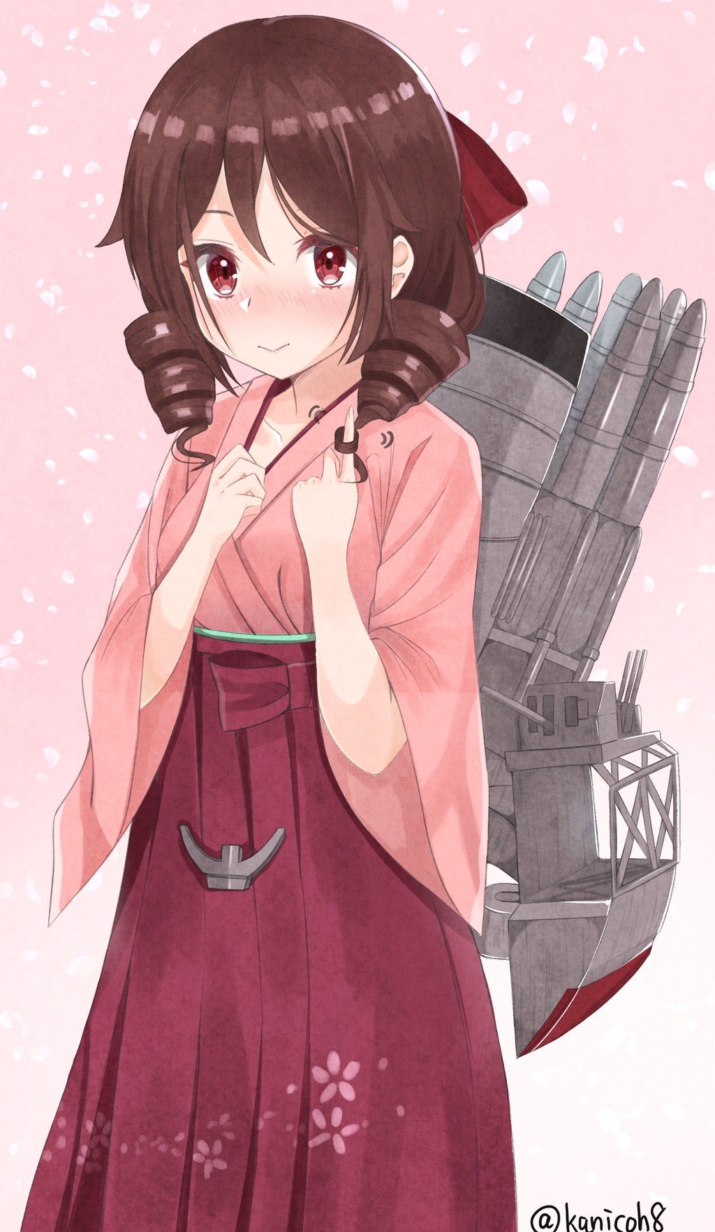 1girl bad_id bow brown_hair cherry_blossoms drill_hair hair_bow hakama harukaze_(kantai_collection) highres japanese_clothes kanikou kantai_collection kimono looking_at_viewer machinery meiji_schoolgirl_uniform petals pink_kimono red_bow red_eyes red_hakama solo twin_drills twitter_username