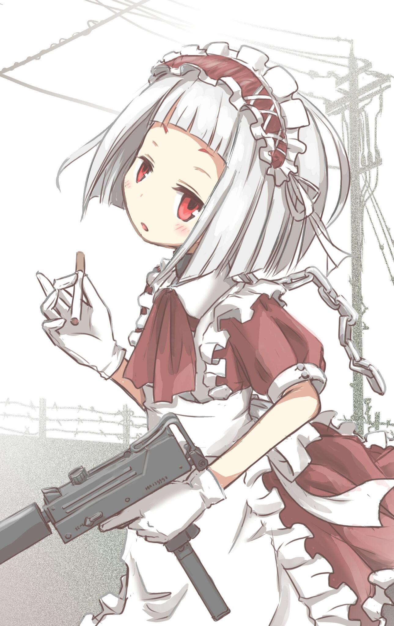 1girl apron bangs barbed_wire blunt_bangs chain cigarette dress frills gloves gun hairband head_tilt highres holding holding_cigarette looking_at_viewer maid_headdress original power_lines puffy_sleeves qt_project red ribbon short_sleeves simple_background solo submachine_gun trigger_discipline weapon white white_background white_gloves white_hair