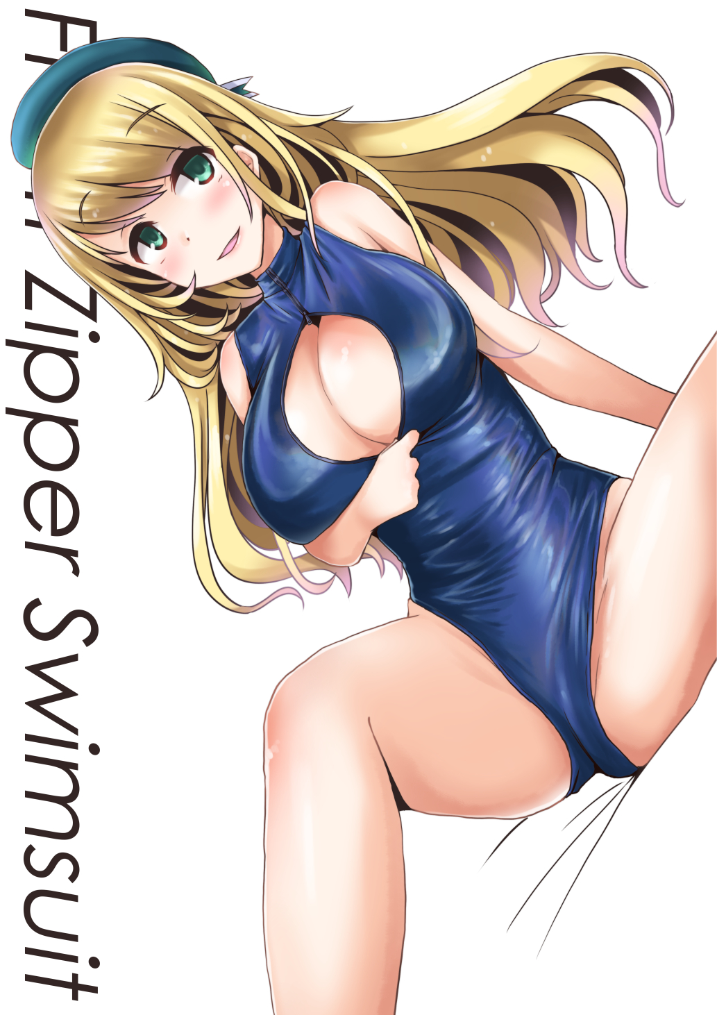 1girl aqua_eyes atago_(kantai_collection) bare_shoulders beret blonde_hair blush breasts cleavage_cutout front_zipper_swimsuit hat highres kantai_collection large_breasts long_hair one-piece_swimsuit open_mouth smile solo spread_legs swimsuit takaoka_nanase