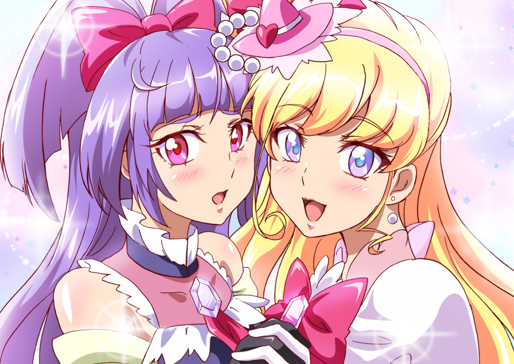 2girls asahina_mirai black_gloves blush bow cure_miracle cure_mirage earrings gloves hair_bow hairband hat interlocked_fingers izayoi_liko jewelry long_hair looking_at_viewer magical_girl mahou_girls_precure! mini_hat mini_witch_hat multiple_girls open_mouth pink_eyes precure purple_hair smile violet_eyes washizuka_shou white_gloves witch_hat
