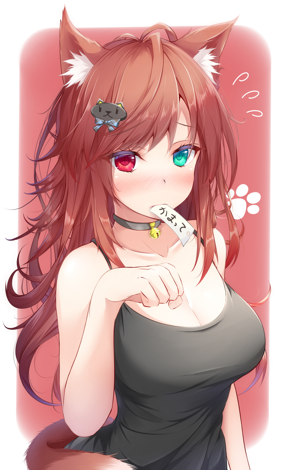 1girl animal_ears bell bell_choker blush breasts brown_hair cat_ears cat_tail choker cleavage collarbone flying_sweatdrops green_eyes heterochromia highres jingle_bell keke-san large_breasts long_hair looking_at_viewer original paw_print red_eyes simple_background solo tail translation_request upper_body