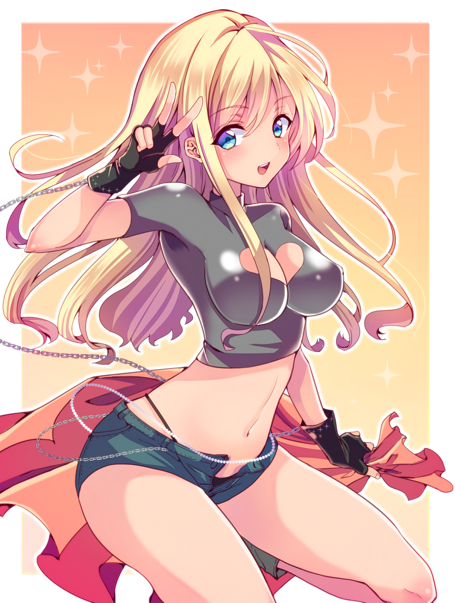 1girl :d bangs black_gloves black_panties blonde_hair blue_eyes blue_shorts boots breasts chain chihiro_(oimo) cleavage_cutout crop_top dark_skin eyebrows eyebrows_visible_through_hair fingerless_gloves gloves gradient gradient_background hair_between_eyes heart_cutout highleg highleg_panties holding long_hair looking_at_viewer midriff navel open_fly open_mouth original outline panties short_sleeves smile solo sparkle stomach turtleneck unbuttoned underwear v white_border yellow_background