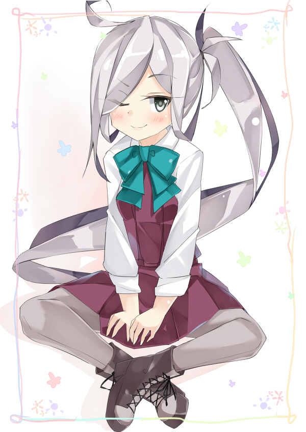 1girl ;) ahoge asashimo_(kantai_collection) blush boots bow bowtie cross-laced_footwear dress grey_hair grey_legwear hair_over_one_eye indian_style kantai_collection lace-up_boots long_hair long_sleeves looking_at_viewer multicolored_hair one_eye_closed pantyhose ponytail school_uniform shirt silver_hair sitting sleeveless sleeveless_dress smile su-suke v_arms white_shirt