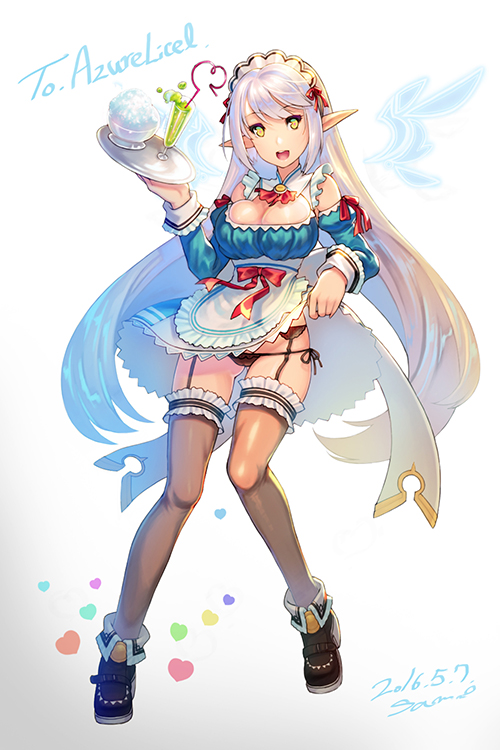 1girl 2016 alternate_eye_color alternate_hair_color apron black_panties black_shoes blue_hair bow breasts cleavage dated detached_collar detached_sleeves drinking_straw ecell elsword full_body glass gradient_hair heart long_hair looking_at_viewer multicolored_hair panties pointy_ears red_bow rena_(elsword) sheer_legwear shoes side-tie_panties signature skirt skirt_lift smile solo standing thigh-highs thigh_strap tray underwear upskirt waitress white_background white_hair yellow_eyes
