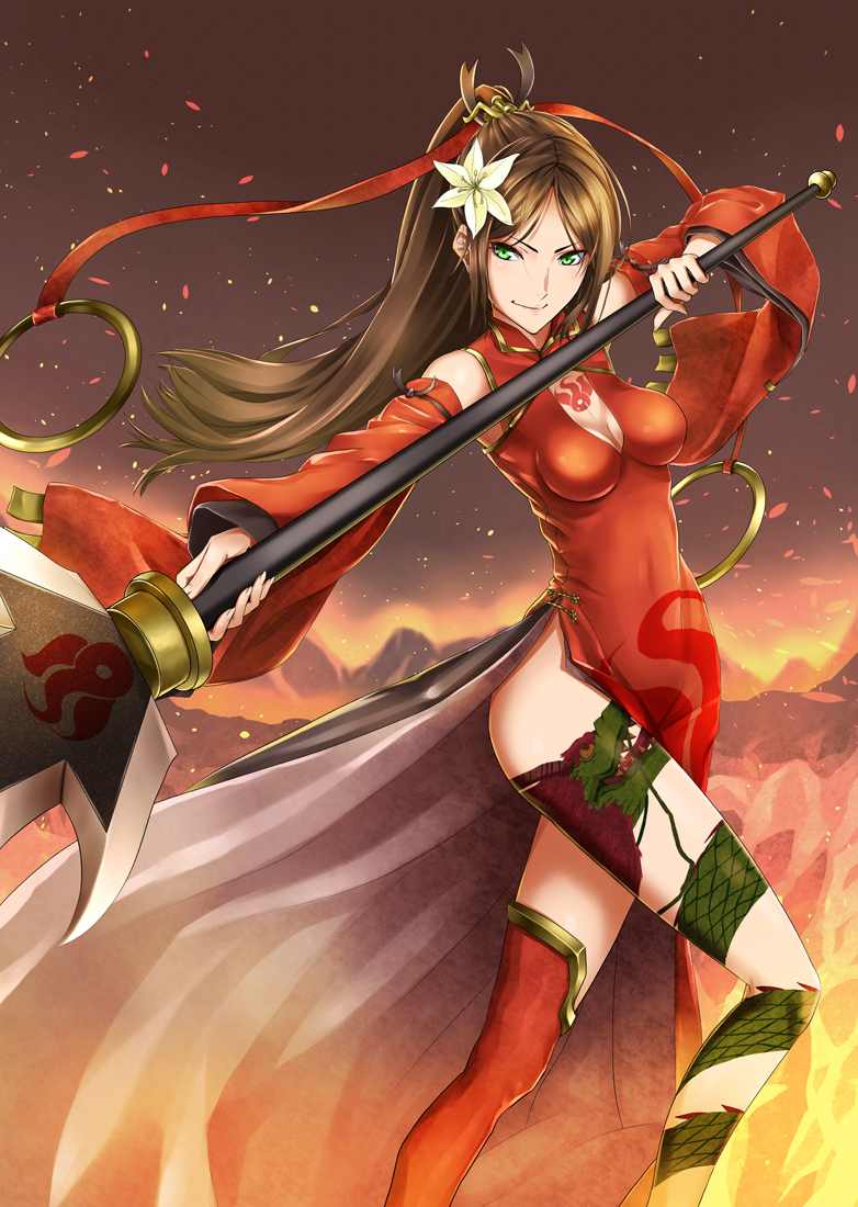 1girl breasts brown_hair china_dress chinese_clothes cleavage detached_sleeves dragon_tattoo dress embers flower green_eyes hair_flower hair_ornament holding holding_weapon long_hair original outstretched_arm polearm ponytail red_dress smile solo spear tattoo weapon yukikaze_(aaassszzz)