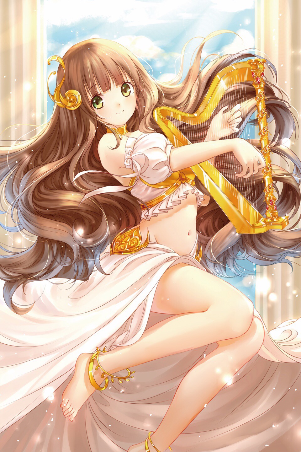 1girl bangs bare_legs bare_shoulders barefoot barefoot_sandals blunt_bangs blush choker closed_mouth clouble crop_top detached_sleeves eyebrows eyebrows_visible_through_hair gem glin green_eyes hair_ornament hairpin harp head_tilt highres instrument long_skirt looking_at_viewer midriff navel original pillar playing_instrument puffy_short_sleeves puffy_sleeves ruby_(stone) shirt short_sleeves skirt smile solo stomach tareme toes white_shirt white_skirt