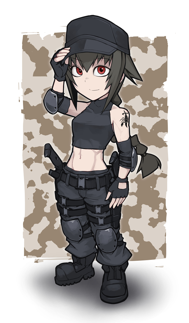 1girl abs bare_shoulders black_hair boots braid chibi elbow_pads fingerless_gloves full_body gloves hair_between_eyes hat helevu hetza_(hellshock) long_hair looking_at_viewer midriff muscle original red_eyes single_braid sleeveless smile solo tattoo toned turtleneck