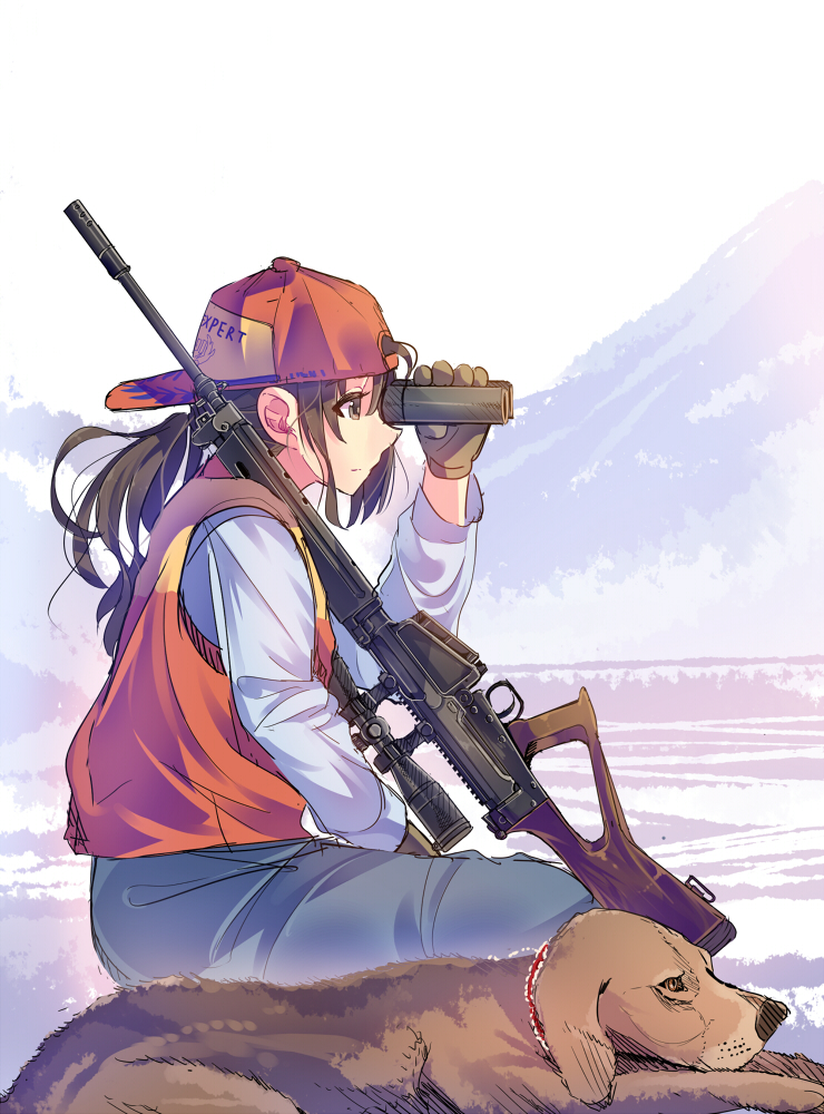 1girl animal arm_up backwards_hat baseball_cap between_legs binoculars blue_pants brown_eyes brown_fur brown_gloves brown_hair closed_mouth clothes_writing daito denim dog expressionless from_side fur gloves gun hand_between_legs hat holding jeans long_sleeves looking_afar original pants profile red_hat red_vest rifle shirt sitting sniper sniper_rifle solo vest weapon weapon_request white_shirt