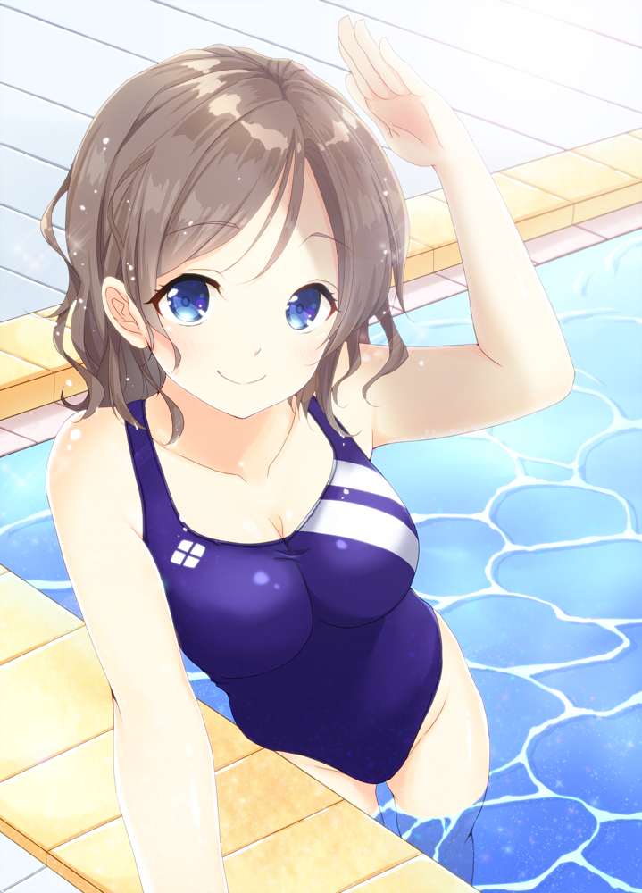 1girl arm_up bare_arms bare_legs bare_shoulders blue_eyes blue_swimsuit blush breasts brown_hair cleavage closed_mouth competition_swimsuit eyebrows eyebrows_visible_through_hair foreshortening groin indoor_pool indoors large_breasts looking_at_viewer love_live!_school_idol_project love_live!_sunshine!! minamoto one-piece_swimsuit pool salute short_hair skin_tight smile solo swimsuit tareme wading watanabe_you water