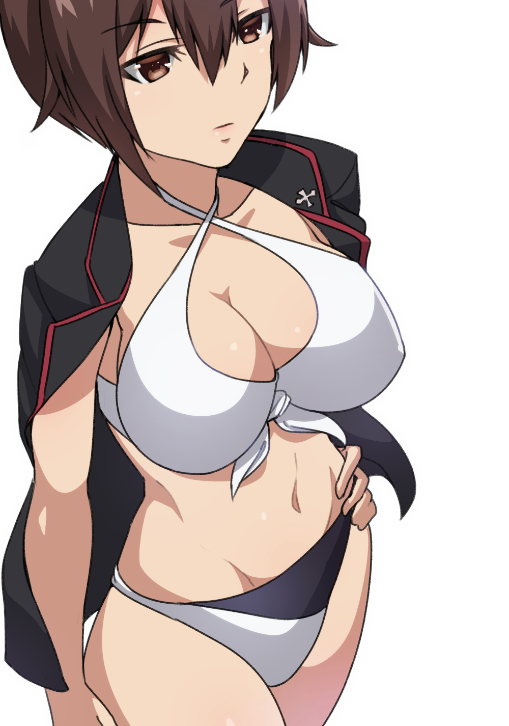 1girl bangs bikini black_jacket breasts brown_eyes brown_hair cleavage cowboy_shot front-tie_bikini front-tie_top girls_und_panzer hand_on_hip highres jacket jacket_on_shoulders large_breasts navel nishizumi_maho open_clothes short_hair solo standing swimsuit white_background white_bikini yamaori